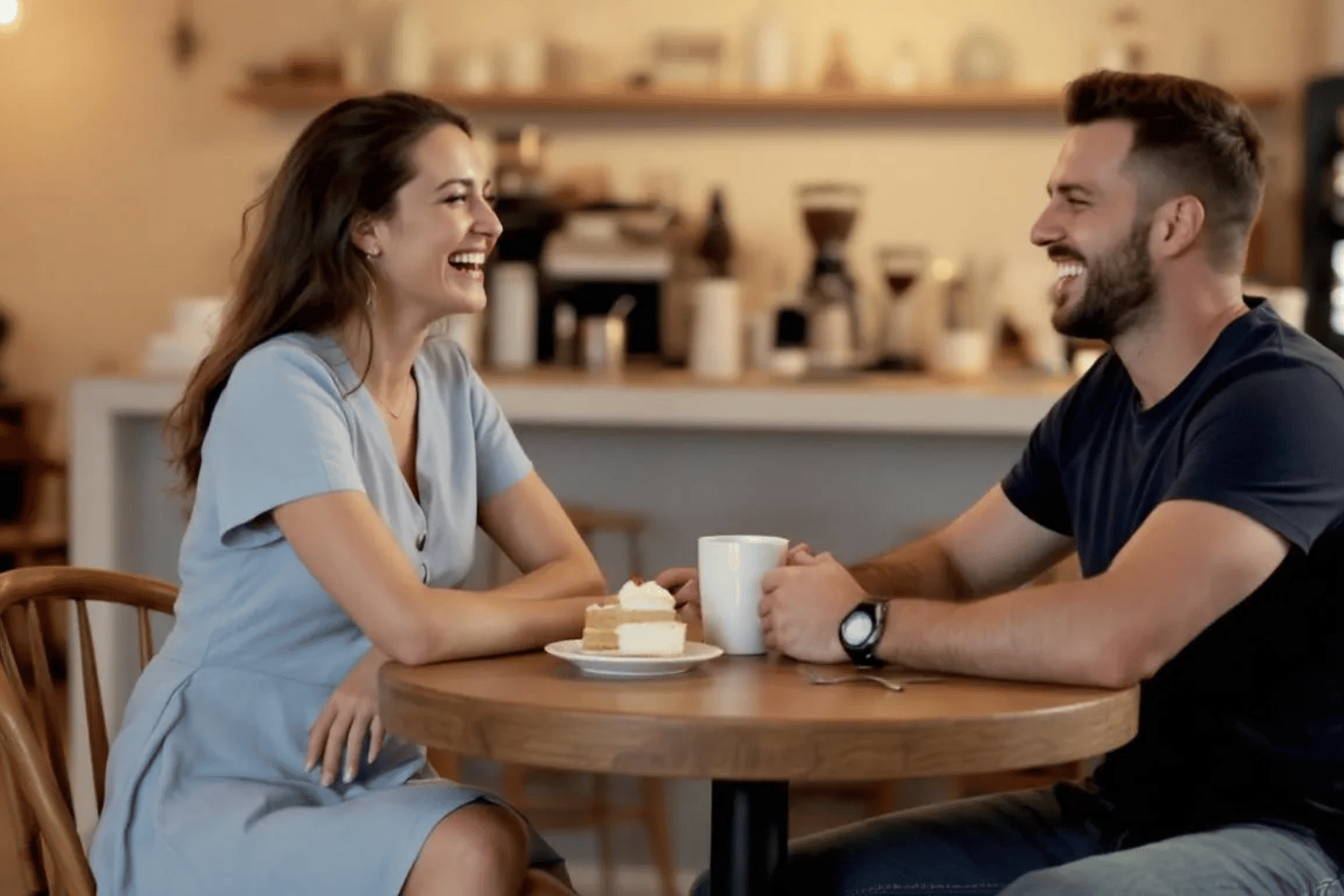 In a cozy café, two people are seated at a small table, sharing laughter and engaging in meaningful conversations, creating a safe space for their thoughts and feelings. Their connection is evident as they enjoy each other's company, perhaps discussing favorite childhood memories or fun questions to deepen their relationship.