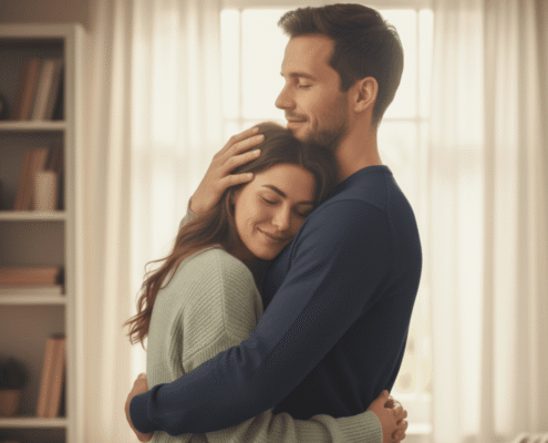 A couple is sharing a warm embrace demonstrating healthy physical affection and a deep emotional connection which reinforces their love and provides reassurance in their relationship.
