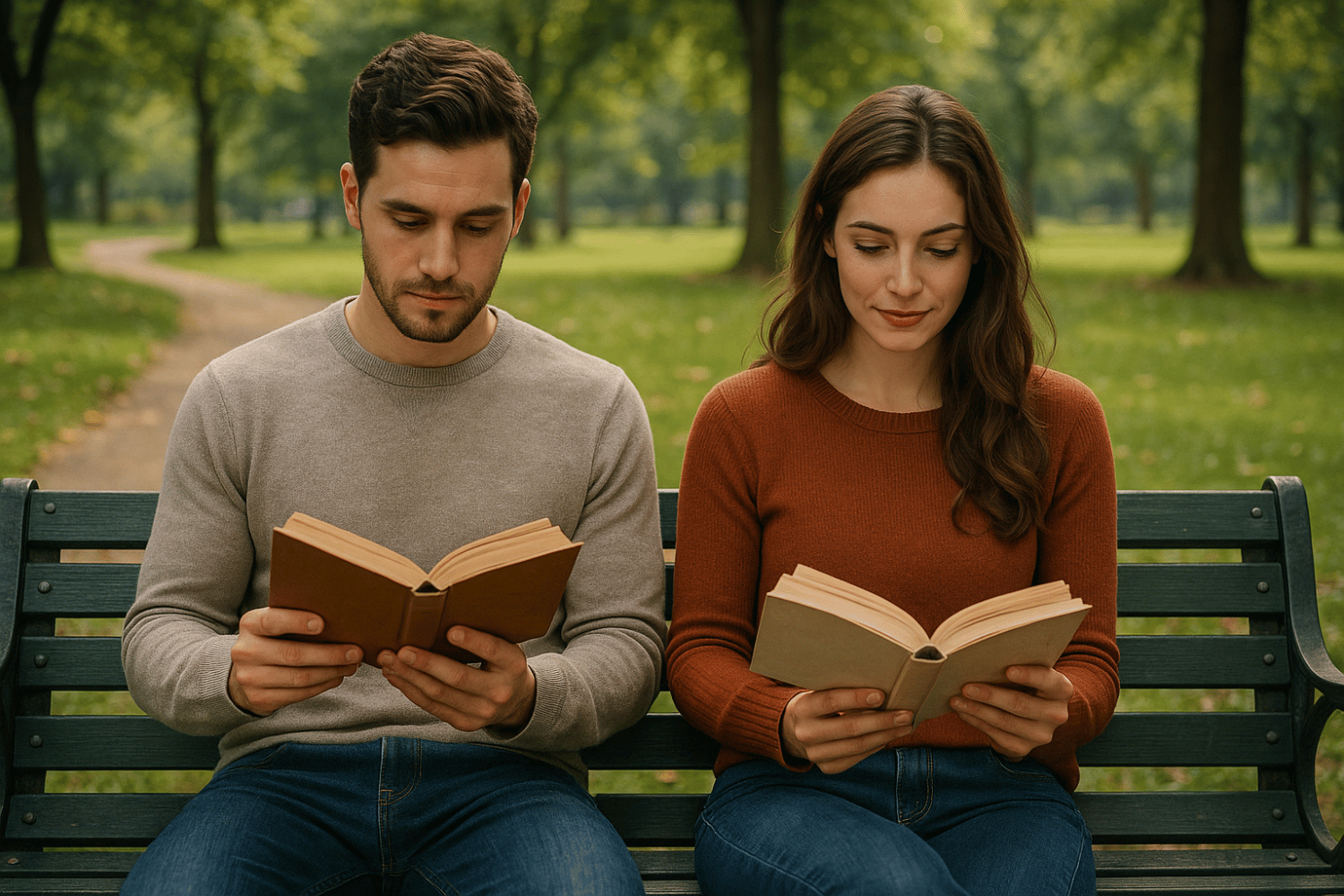 In the image, two individuals are seated on a park bench, each engrossed in their own book, symbolizing a healthy relationship that values independence while fostering emotional connection.