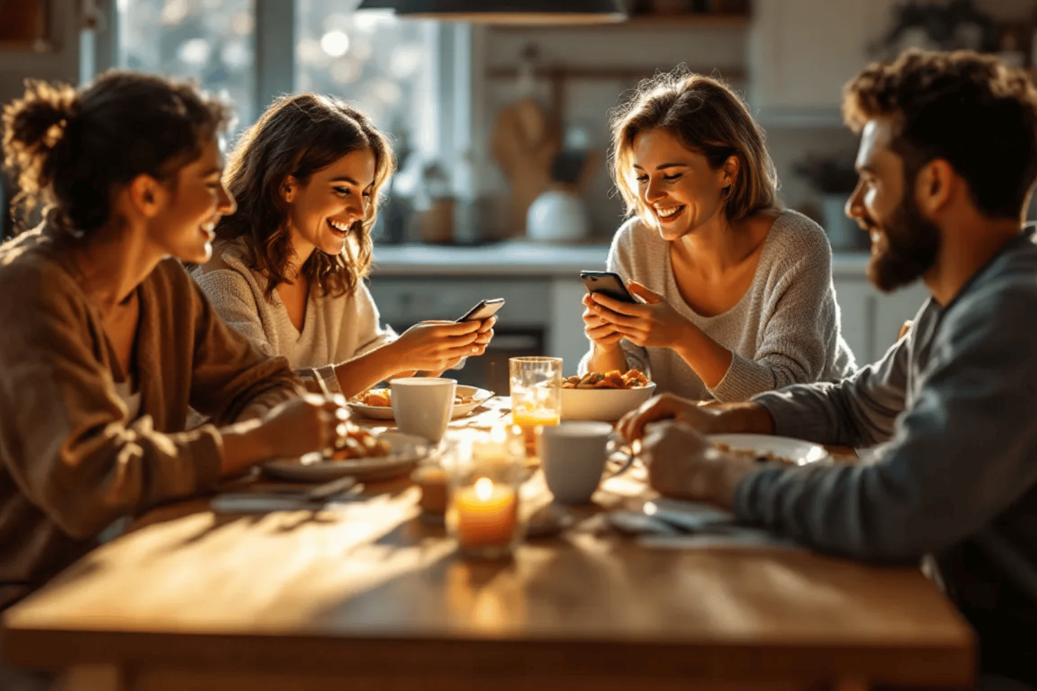 A family is gathered around a dinner table, enjoying a meal together without any digital devices in sight, fostering real-world connections and promoting mental well-being. A family is gathered around a dinner table, enjoying a meal together without any digital devices in sight, fostering real-world connections and promoting mental well-being. This device-free environment encourages mindfulness and helps reduce stress, enhancing their overall mental health.