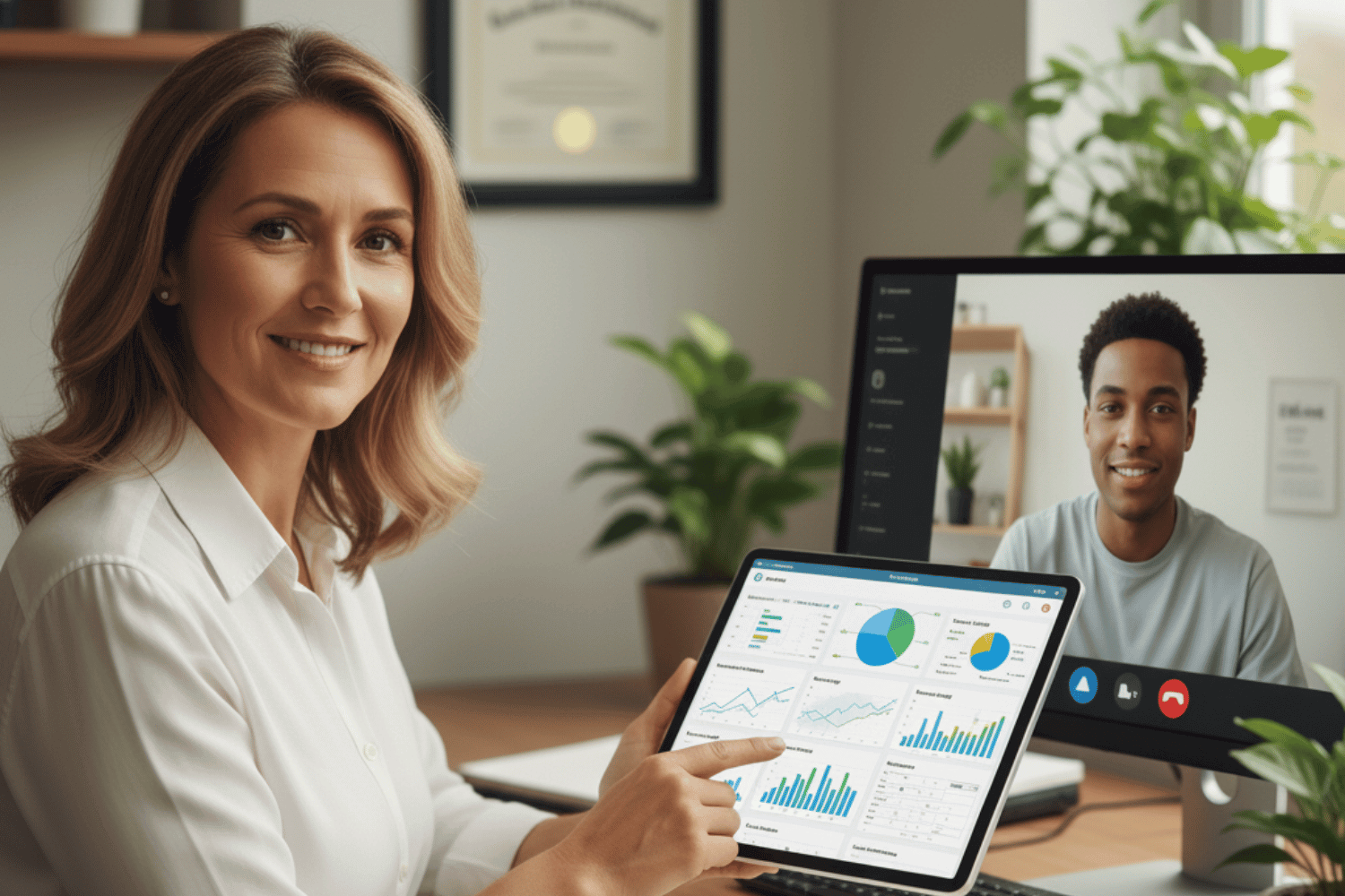 A licensed therapist reviews mood-tracking data from an AI tool on a tablet, integrating technology into personalized treatment under professional supervision.