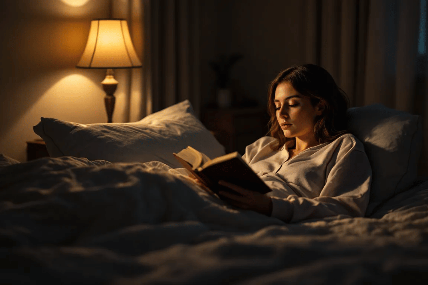 A person is comfortably reading a book in bed, surrounded by a peaceful atmosphere devoid of any electronic devices, promoting a digital detox for improved mental health and sleep quality. A person is comfortably reading a book in bed, surrounded by a peaceful atmosphere devoid of any electronic devices, promoting a digital detox for improved mental health and sleep quality. This scene emphasizes the importance of engaging in meaningful activities and being fully present in the moment, away from the distractions of the digital world.