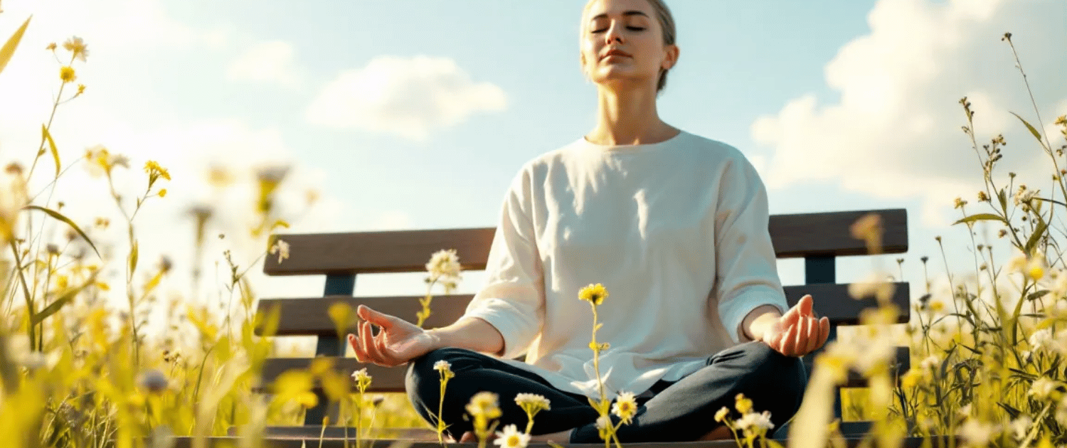 A person is meditating in a serene outdoor setting, surrounded by nature, embodying mindfulness and a commitment to mental health. This scene emphasizes the importance of taking a break from digital devices and excessive screen time to improve overall well-being and foster a healthier relationship with the present moment.