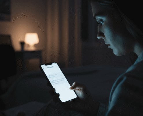 A person sits in a dimly lit room late at night, chatting with an AI therapy app on their smartphone. The screen glows softly, symbolizing the accessibility and isolation of AI therapy tools.