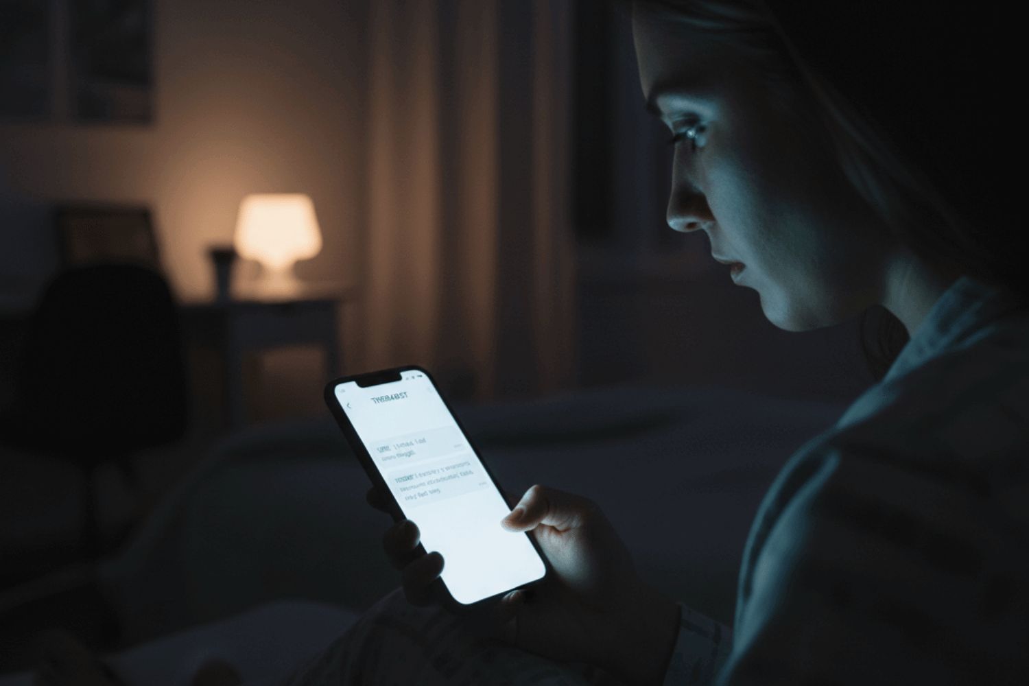 AI in Therapy: Pitfalls, Ethical Concerns, and Why Human Connection Still Matters 1 A person sits in a dimly lit room late at night, chatting with an AI therapy app on their smartphone. The screen glows softly, symbolizing the accessibility and isolation of AI therapy tools.