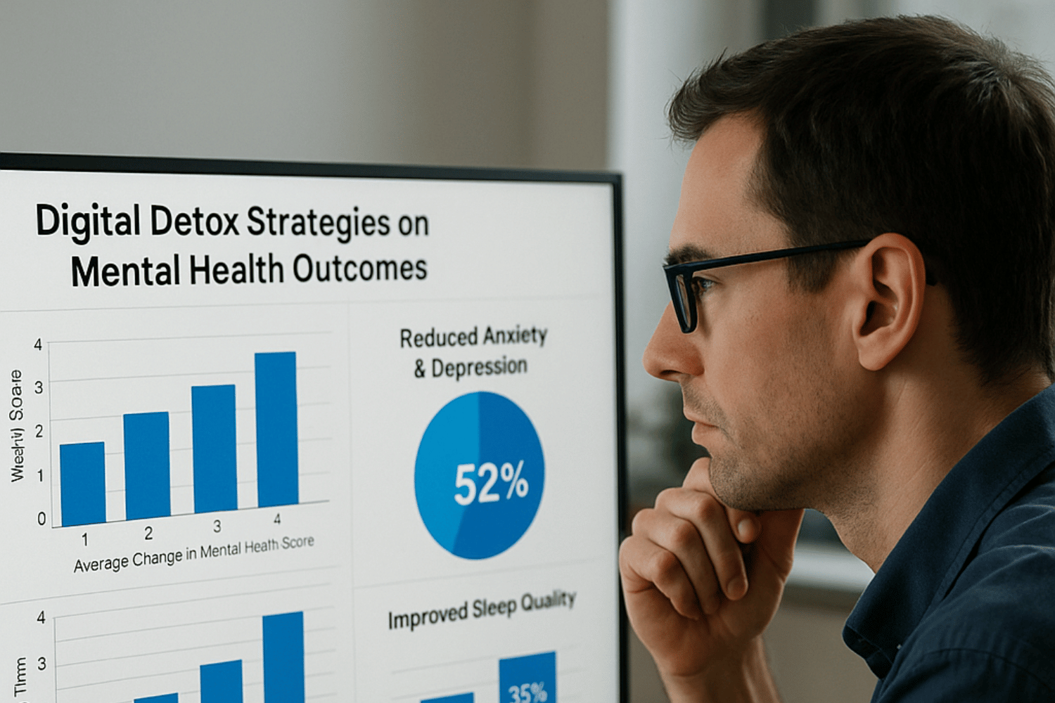 A researcher is intently analyzing data on a computer, which displays positive mental health outcomes related to digital detox strategies. A researcher is intently analyzing data on a computer, which displays positive mental health outcomes related to digital detox strategies. This image highlights the importance of managing screen time and social media usage for improved mental well-being and sleep quality in today's digital age.