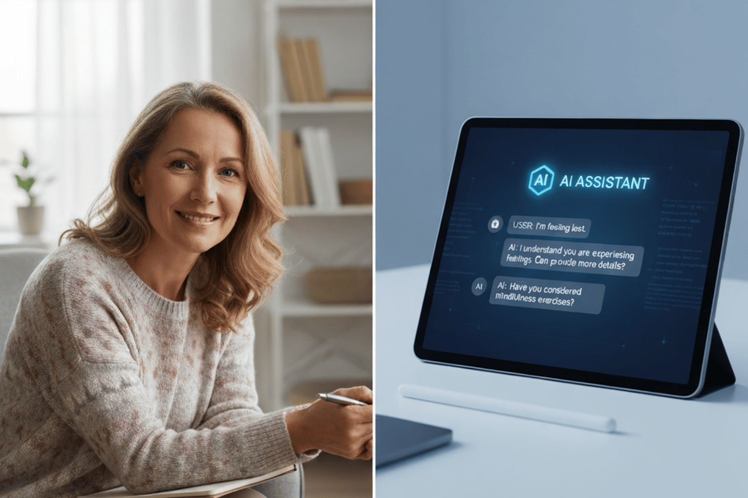 AI in Therapy: Pitfalls, Ethical Concerns, and Why Human Connection Still Matters 2 A split screen visual comparing a human therapist offering empathy and eye contact with a sterile AI chatbot interface illustrating the contrast between human warmth and algorithmic response. 1