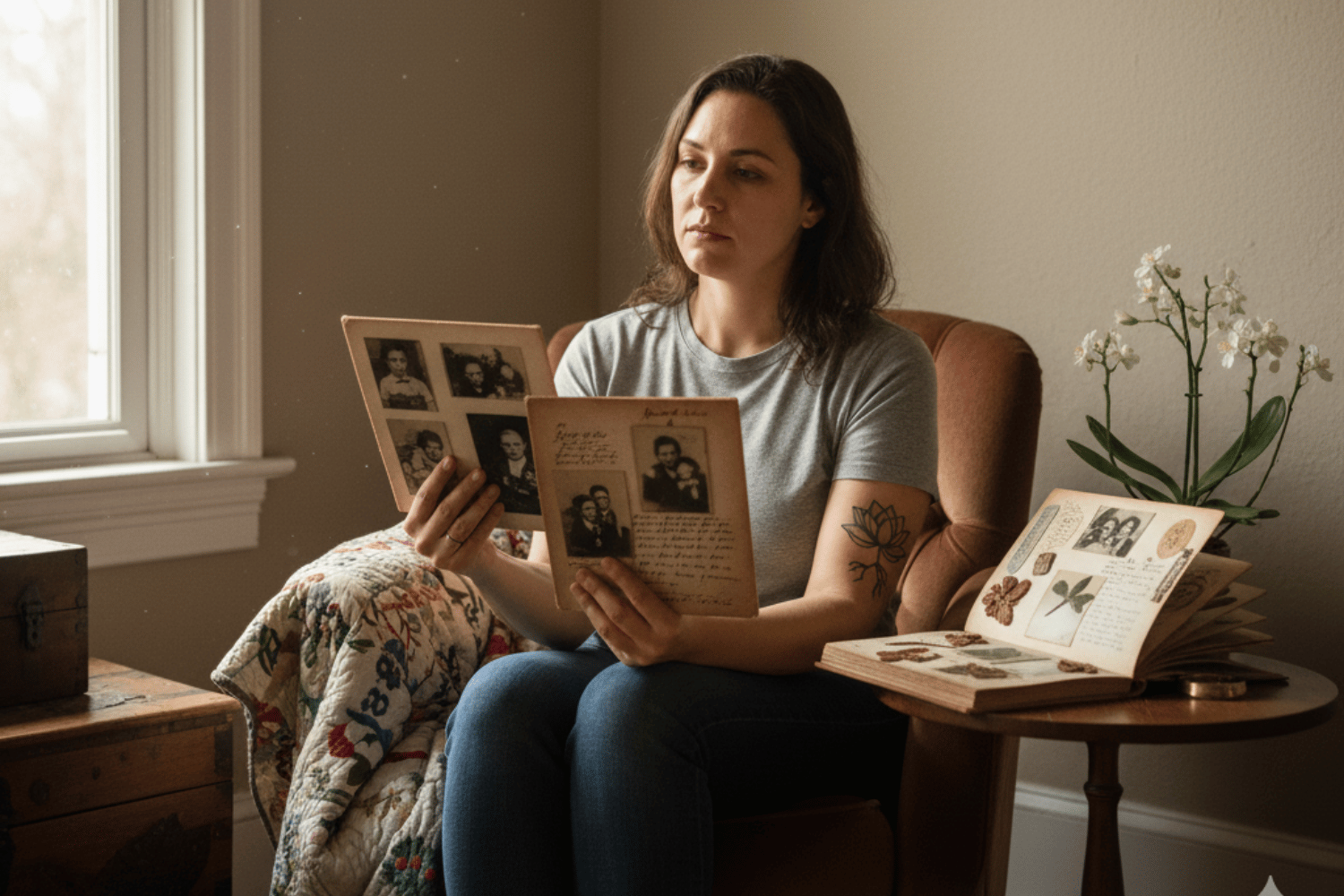 A person is gazing at family photos, reflecting on the connections and healing journey through generational trauma. This moment symbolizes the exploration of family history and the impact of traumatic experiences on mental health, emphasizing the importance of healing for future generations.