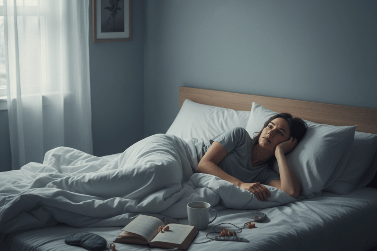 A person lies in bed with a thoughtful expression, illustrating the significant connection between sleep and mental health. This image symbolizes the impact of poor sleep quality on mental health conditions, highlighting the importance of healthy sleep habits for emotional well-being.
