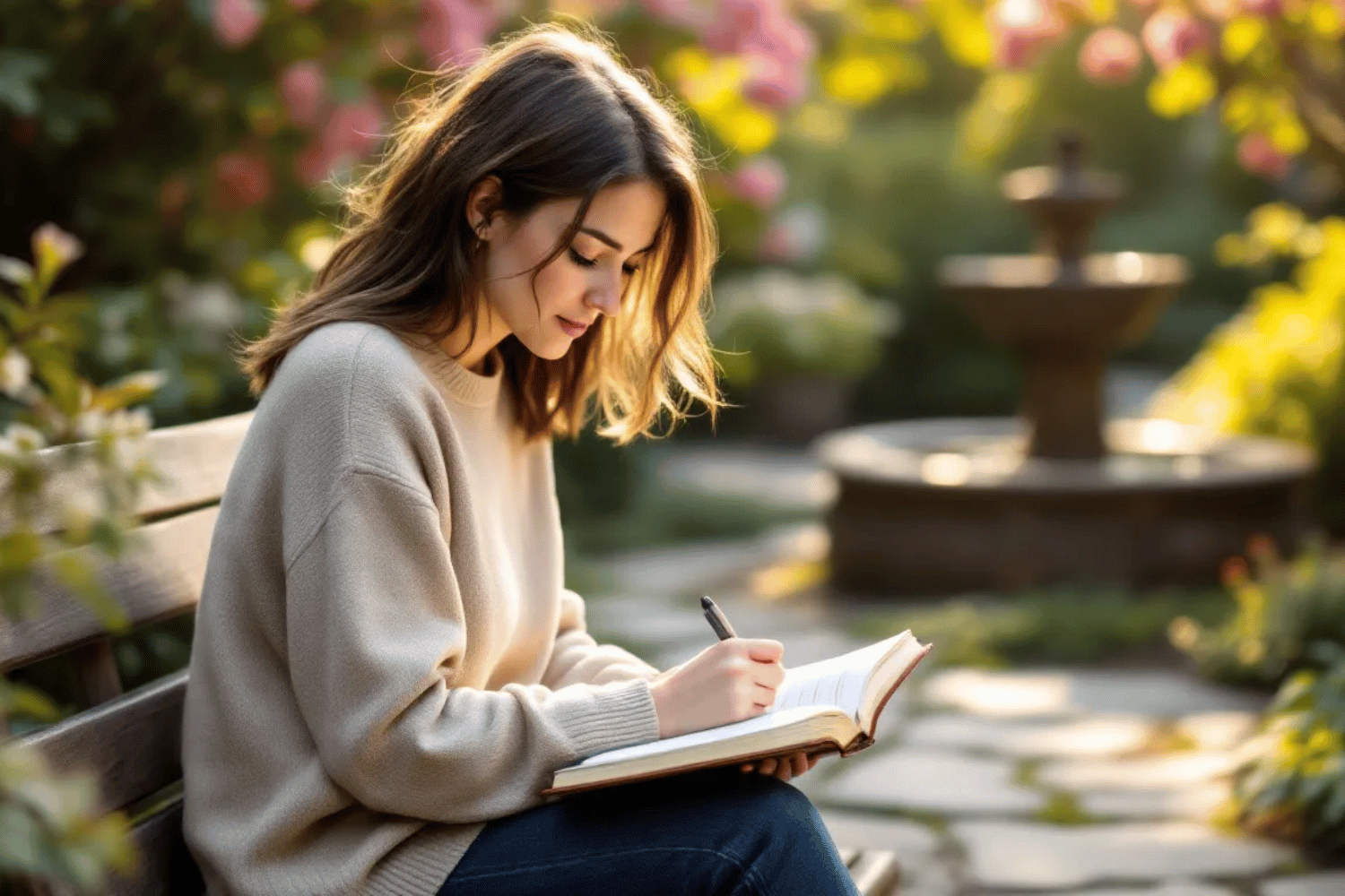 A person sits peacefully outdoors, writing in a journal, symbolizing self-reflection and the journey of healing from generational trauma. This serene setting highlights the importance of mental health support and coping mechanisms in addressing the effects of traumatic experiences and promoting well-being for future generations.