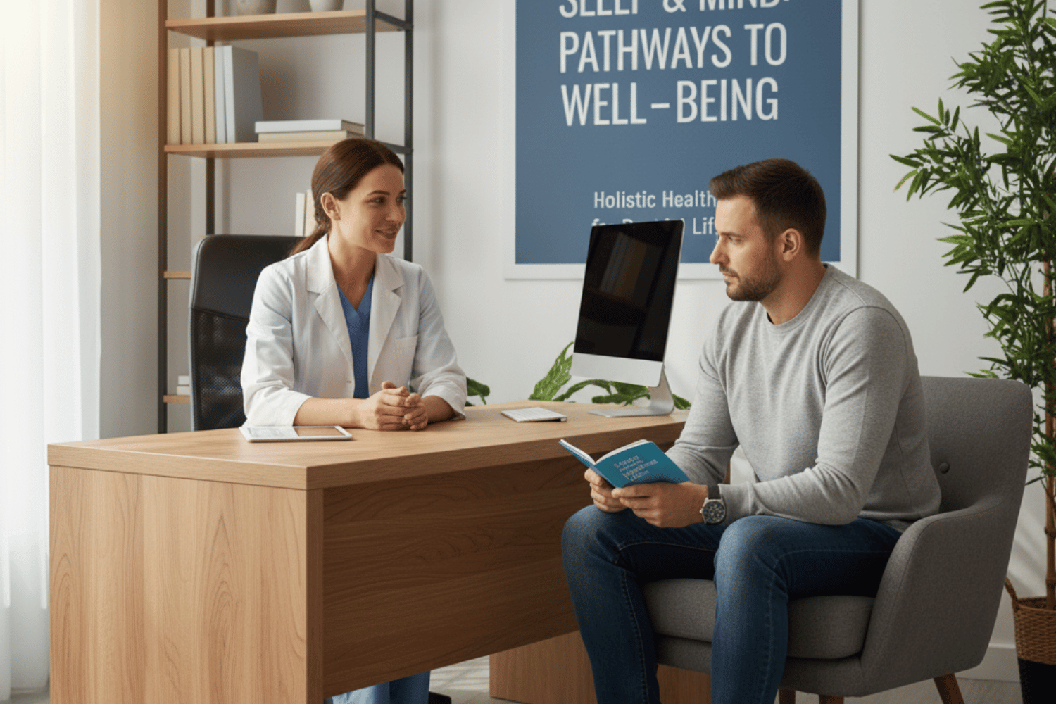 A professional healthcare provider is seated in a cozy consultation room, exuding warmth and expertise while discussing mental health and sleep issues with a patient. The setting emphasizes the importance of addressing sleep problems and mental health conditions for overall well-being.