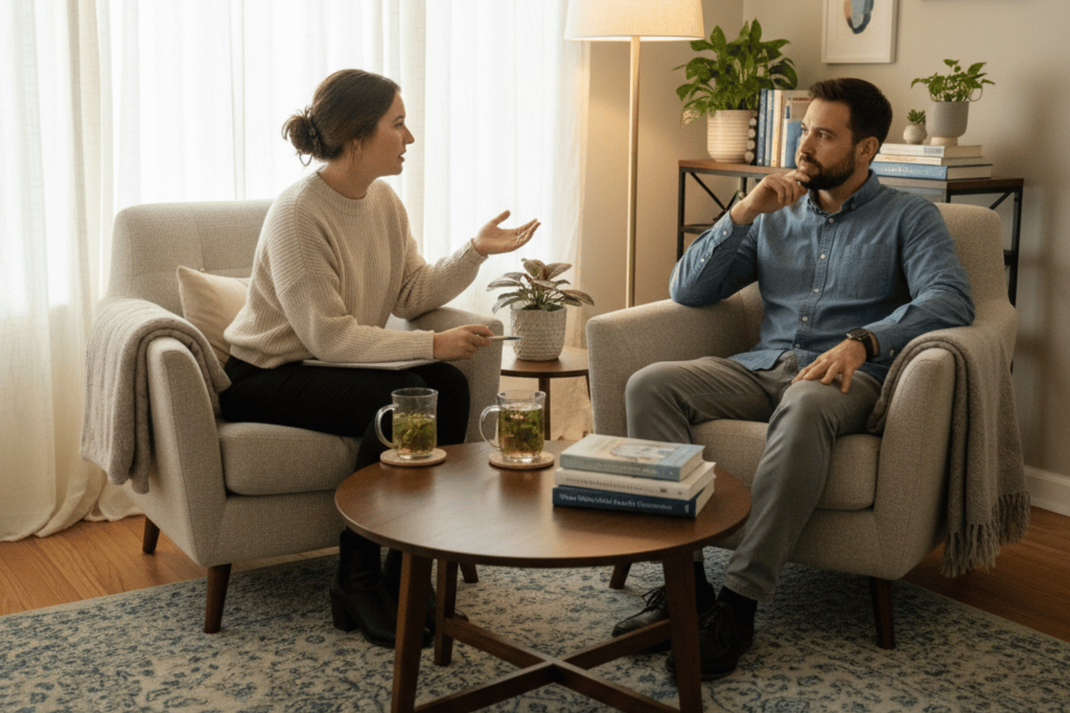 A therapist and client are seated in a cozy counseling room, engaged in a thoughtful discussion about sleep and mental health strategies, focusing on improving sleep quality and managing sleep problems. The atmosphere is warm and welcoming, promoting a sense of comfort as they explore the connection between mental health conditions and healthy sleep habits.