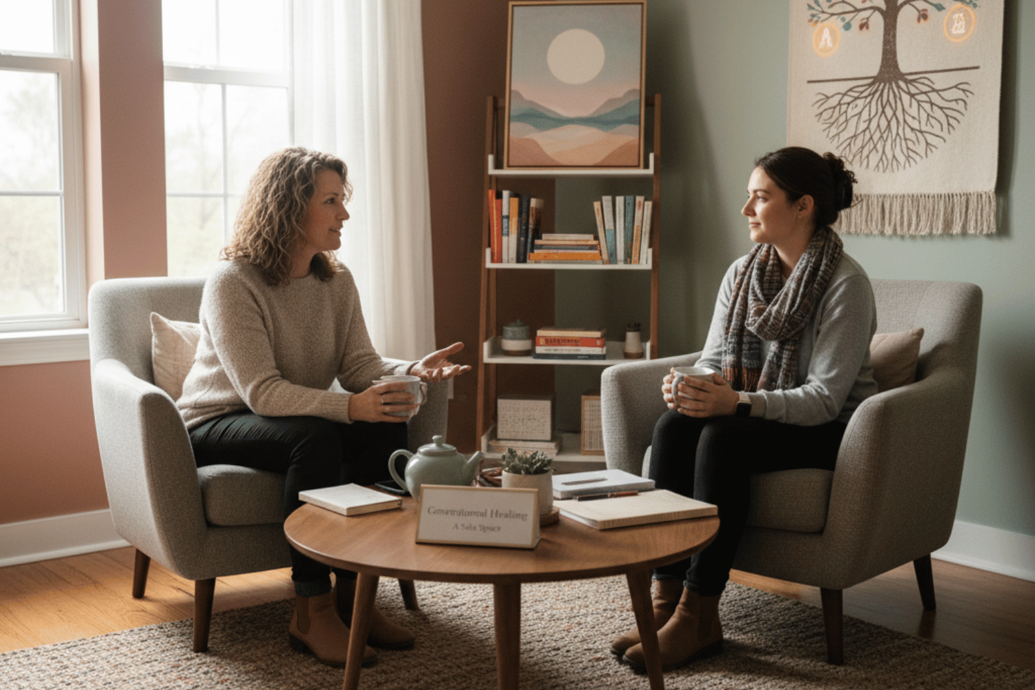 The image depicts a therapist and a client engaged in a supportive conversation within a cozy counseling environment, emphasizing the importance of mental health support and healing from generational trauma. The setting reflects a safe space for discussing complex trauma and the impact of intergenerational experiences on mental health.