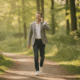 A high-achieving professional is seen walking in a serene natural setting while engaged in a phone call, embodying a balanced lifestyle. This scene highlights the importance of managing anxiety and maintaining mental health amidst daily challenges, showcasing the benefits of coping skills and positive self-talk.