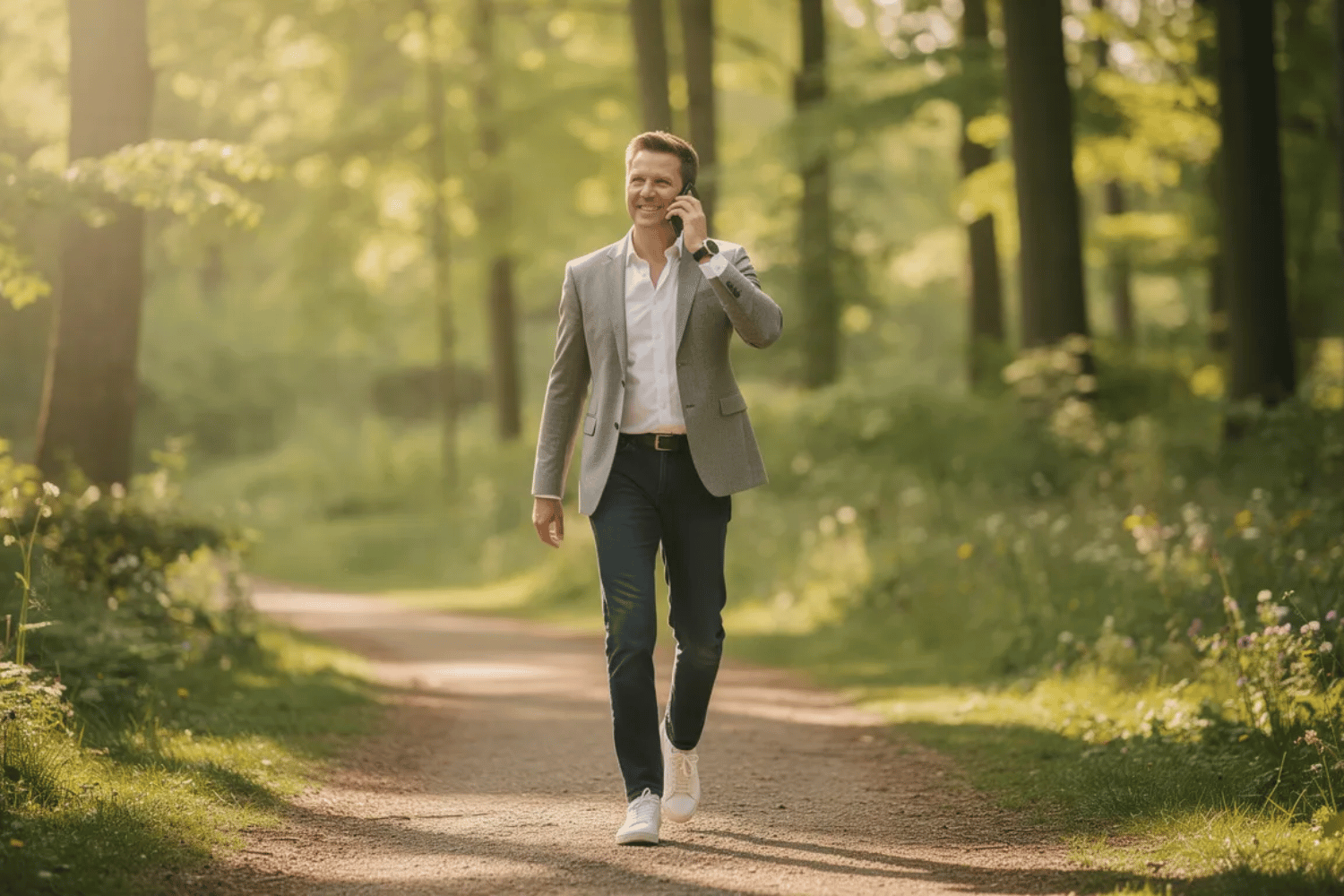 A high-achieving professional is seen walking in a serene natural setting while engaged in a phone call, embodying a balanced lifestyle. A high-achieving professional is seen walking in a serene natural setting while engaged in a phone call, embodying a balanced lifestyle. This scene highlights the importance of managing anxiety and maintaining mental health amidst daily challenges, showcasing the benefits of coping skills and positive self-talk.