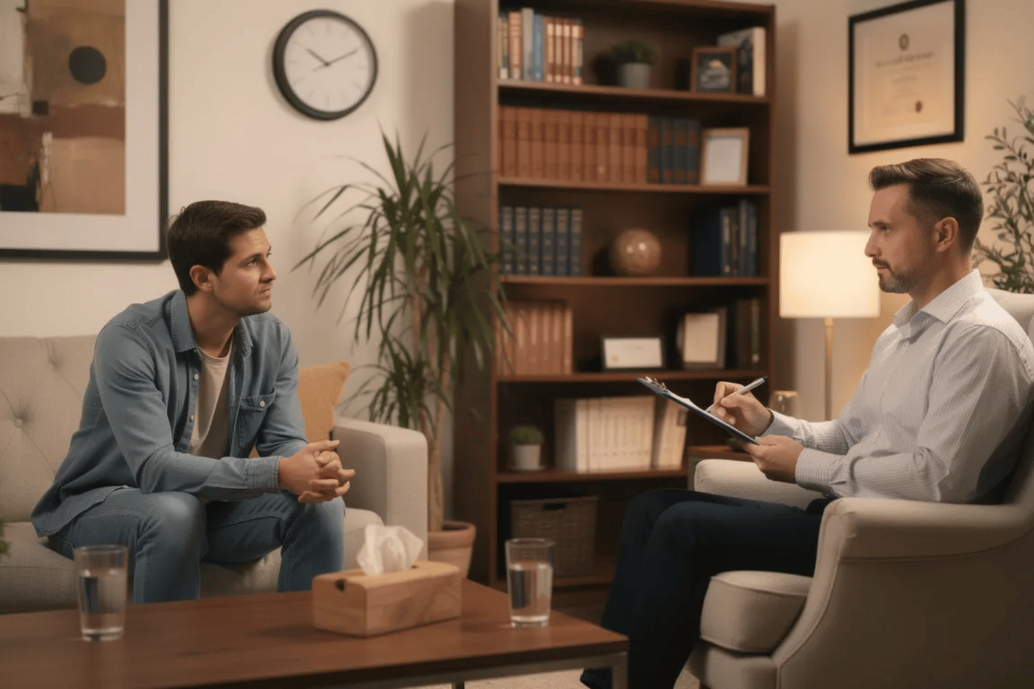 A mental health professional is conducting an assessment interview in a comfortable office setting surrounded by calming decor and natural light