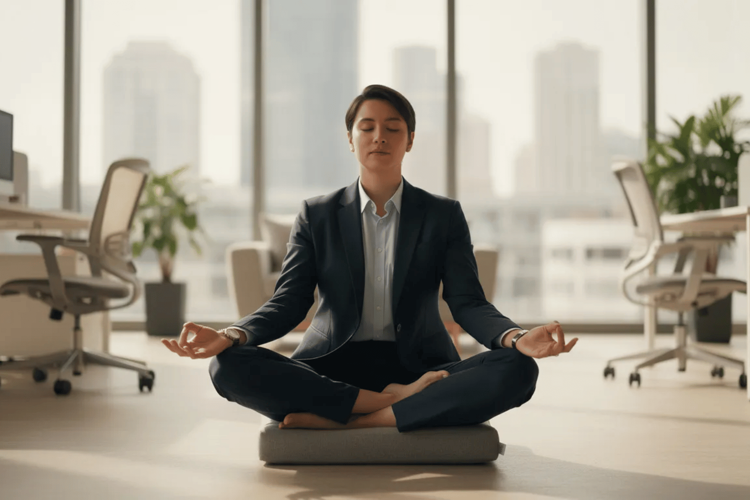 A person in formal business attire is sitting cross-legged on a sleek office floor, meditating peacefully amidst a modern workspace filled with plants and natural light. A person in formal business attire is sitting cross legged on a sleek office floor meditating peacefully amidst a modern workspace filled with plants and natural light