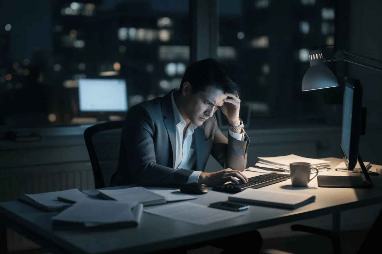 A professional person is seated at a desk, looking visibly stressed and overwhelmed while working late into the night. A professional person is seated at a desk, looking visibly stressed and overwhelmed while working late into the night. This scene reflects the intense pressure and performance anxiety that can arise in stressful situations, highlighting the mental health challenges faced by many in high-pressure jobs.