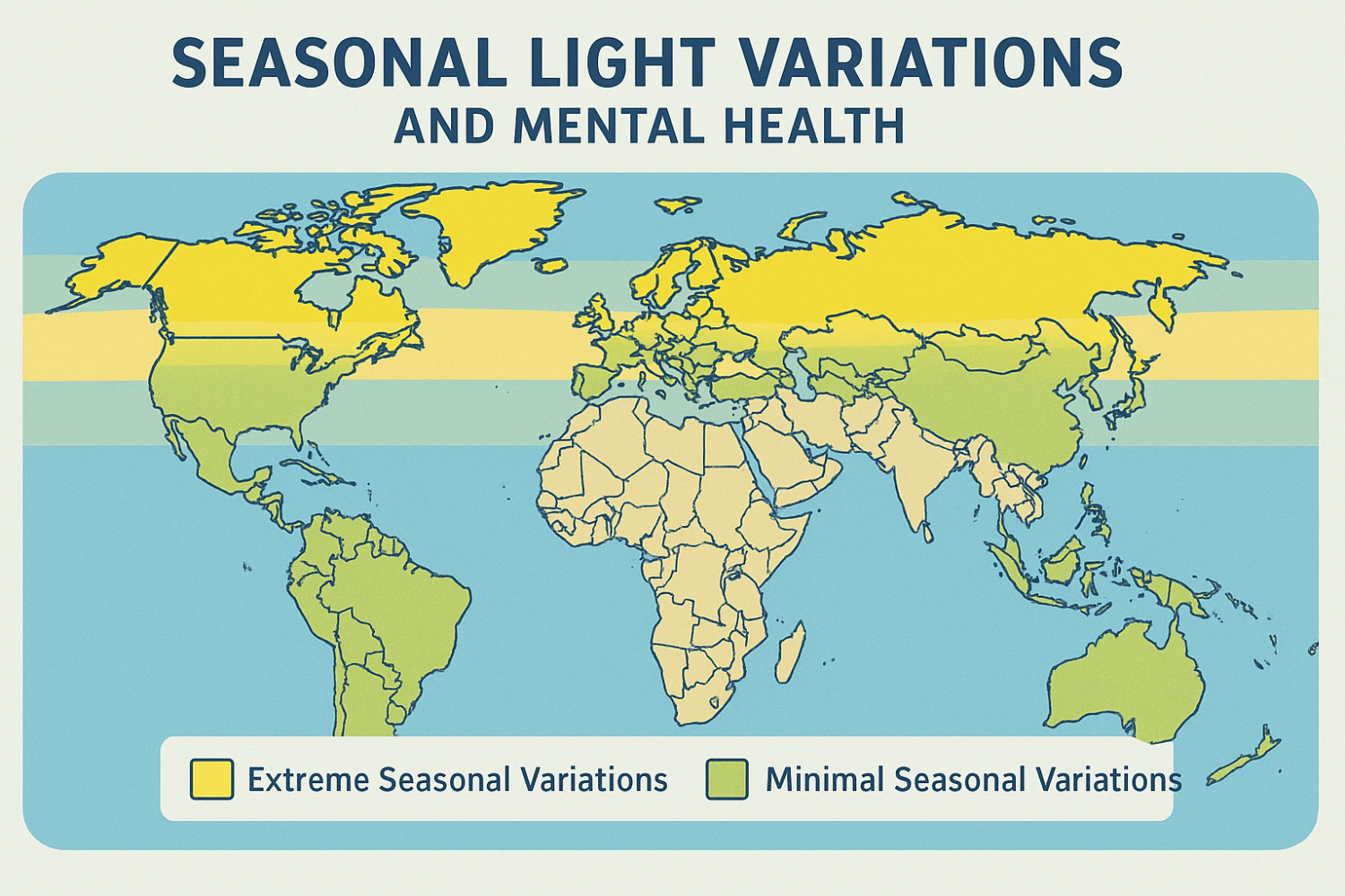 The image depicts a map illustrating seasonal light variations across different geographic regions highlighting how changes in daylight can impact mental health conditions such as seasonal affect
