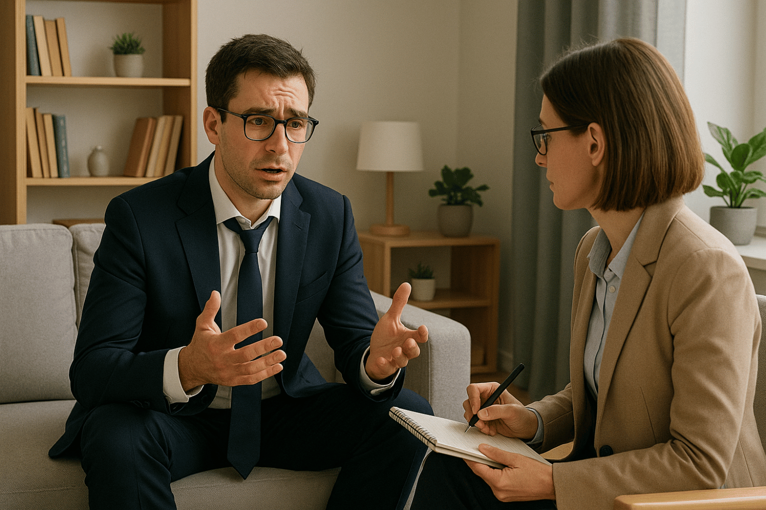 The image depicts a professional therapy session where a therapist is taking notes while a client speaks, addressing their mental health challenges such as performance anxiety. The image depicts a professional therapy session where a therapist is taking notes while a client speaks addressing their mental health challenges such as performance