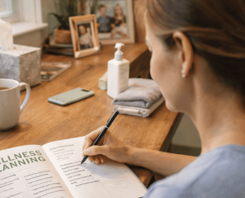 A caregiver sits at a desk, writing in a wellness planning journal to manage caregiver stress and prioritize their own health amidst caregiving responsibilities.
