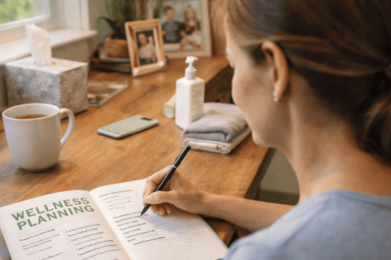 A caregiver sits at a desk, writing in a wellness planning journal to manage caregiver stress and prioritize their own health amidst caregiving responsibilities.