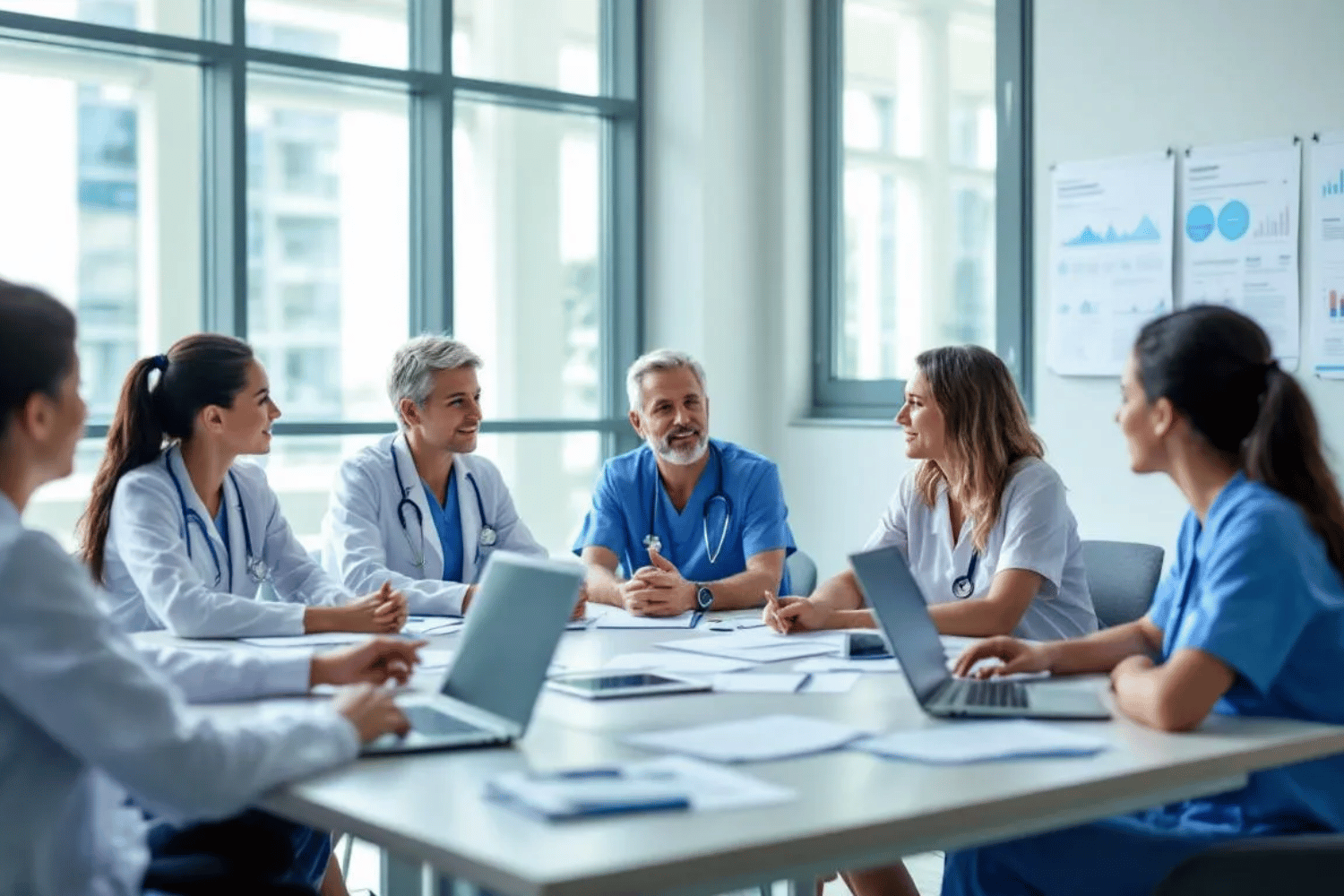 A diverse healthcare team is gathered around a table, engaging in a discussion about a coordinated care approach to support family caregivers facing caregiver stress and burnout.