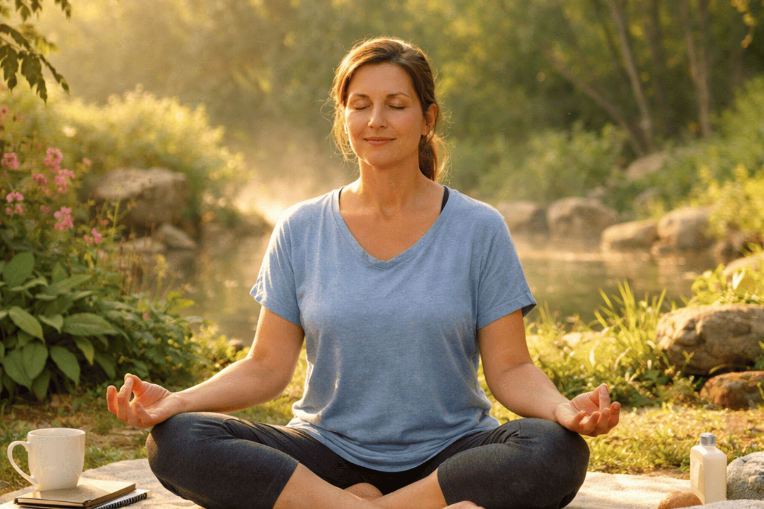 A person sits cross-legged on a soft mat in a serene outdoor setting, practicing mindfulness meditation amidst lush greenery and gentle sunlight.