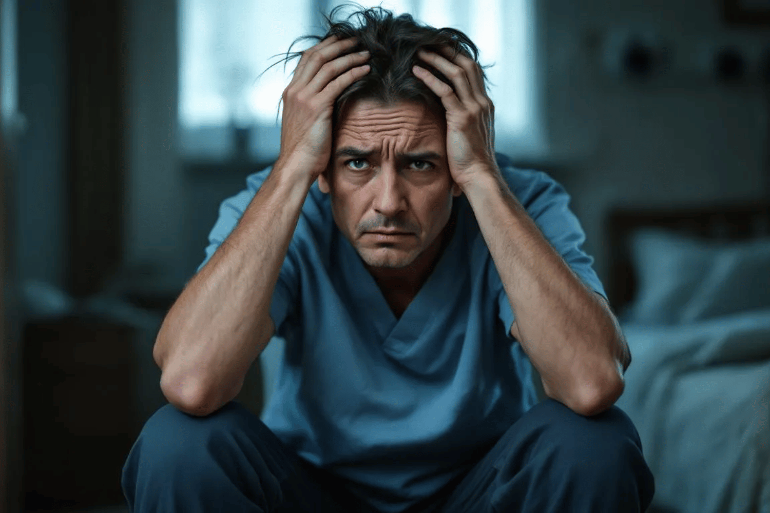 A stressed caregiver sits with their hands on their head, visibly displaying emotional and physical exhaustion from their caregiving responsibilities.