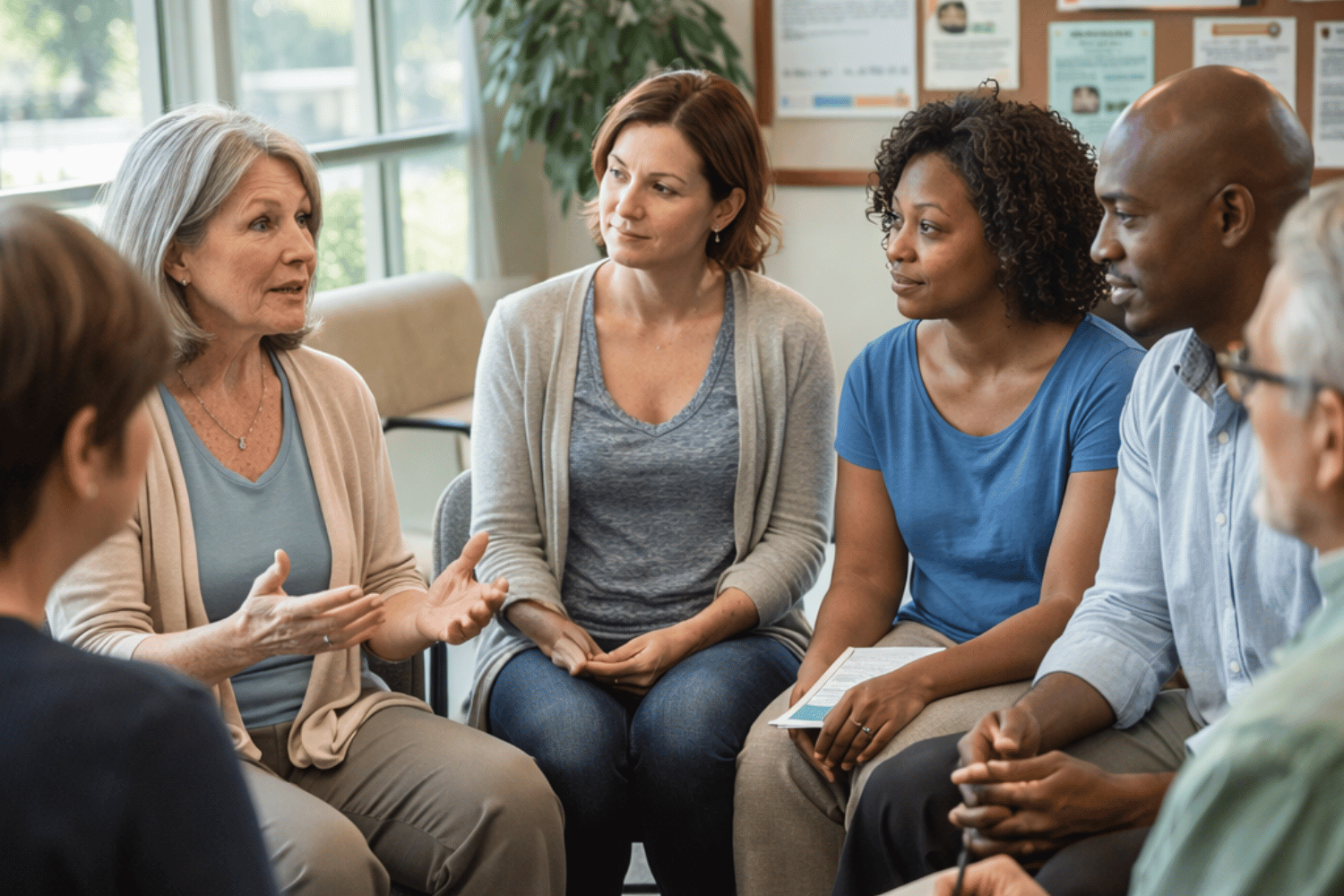 A support group meeting is taking place where family caregivers are sharing their experiences and challenges related to caregiver stress and burnout.
