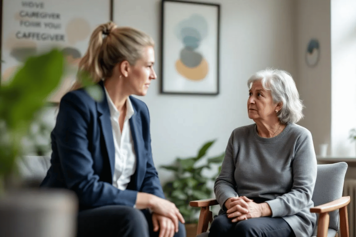 A therapist is seen conducting an individual session with a caregiver client, focusing on the emotional and physical exhaustion that often accompanies caregiving responsibilities.