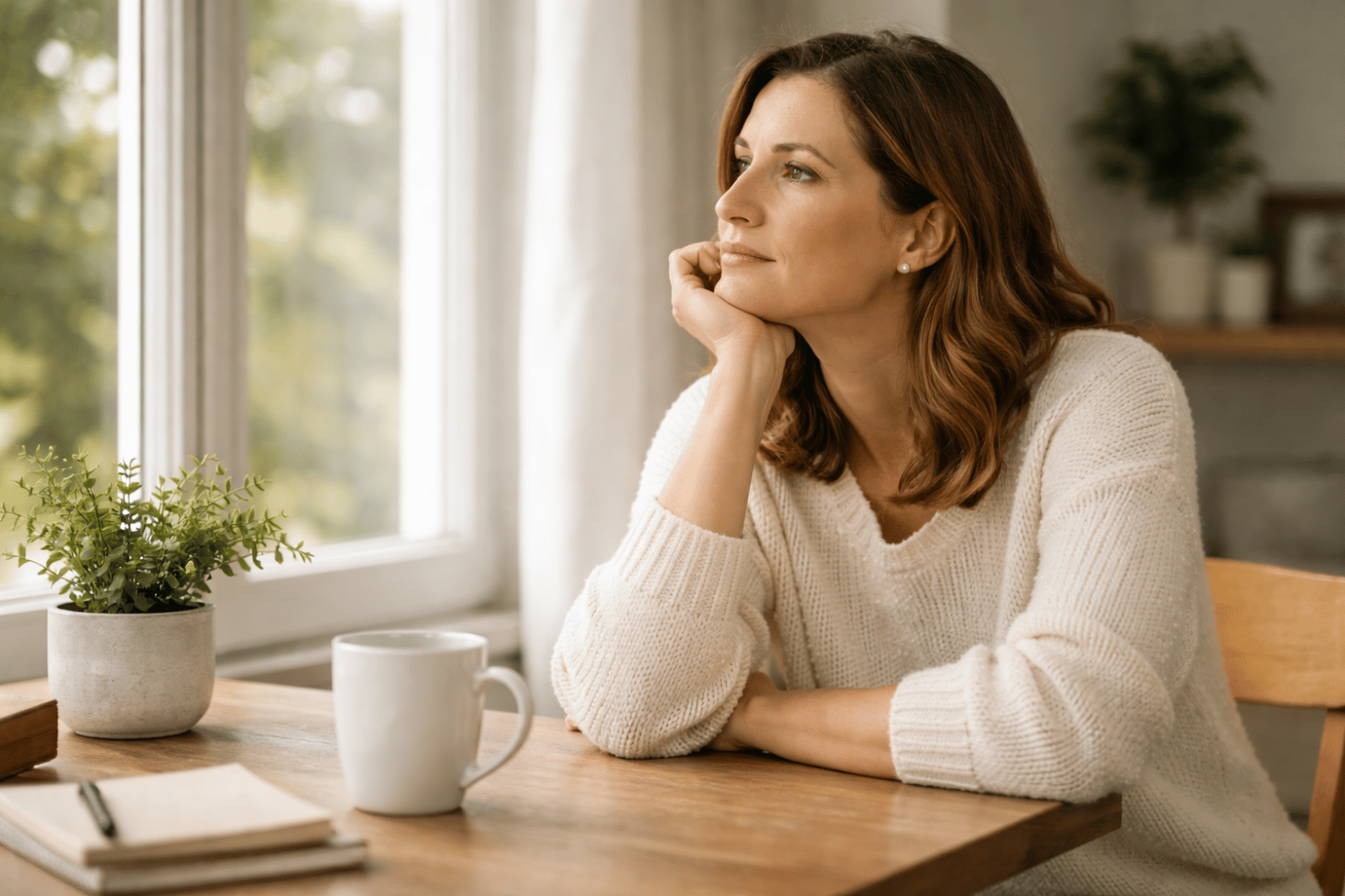 The image depicts a person sitting alone by a window, appearing thoughtful and reflective, which may suggest a moment of self-care and consideration of their own needs and emotional health in a relationship The image depicts a person sitting alone by a window appearing thoughtful and reflective which may suggest a moment of self care and consideration of their own needs and emotional health in a re