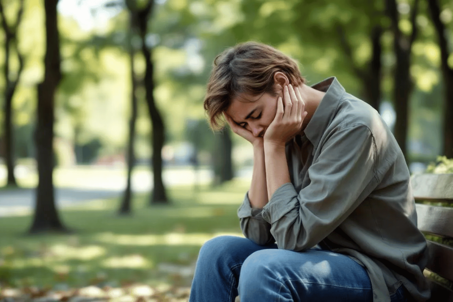 The image depicts a person sitting on a couch visibly exhausted and stressed with their head in their hands illustrating the emotional and physical exhaustion often faced by family caregivers