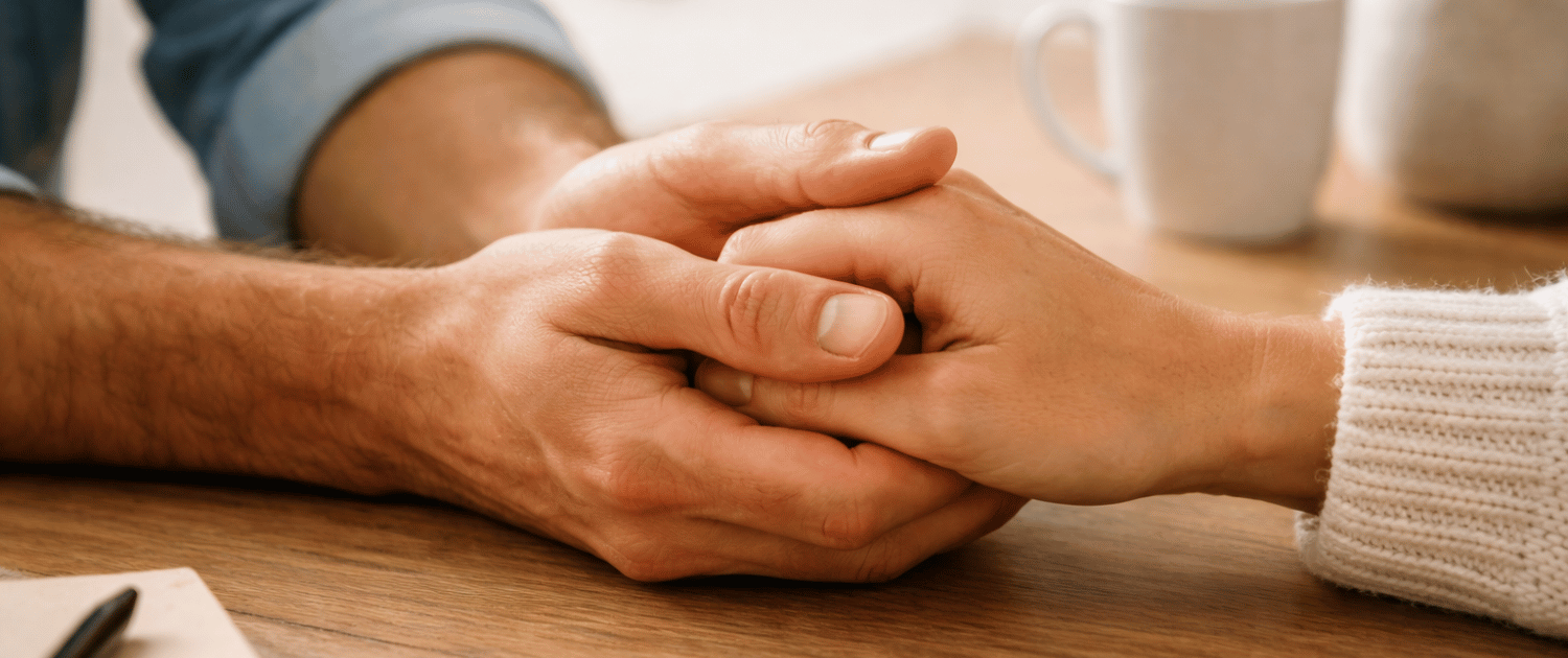 The image shows two hands gently holding each other, symbolizing support and connection, which are essential elements in a healthy relationship.