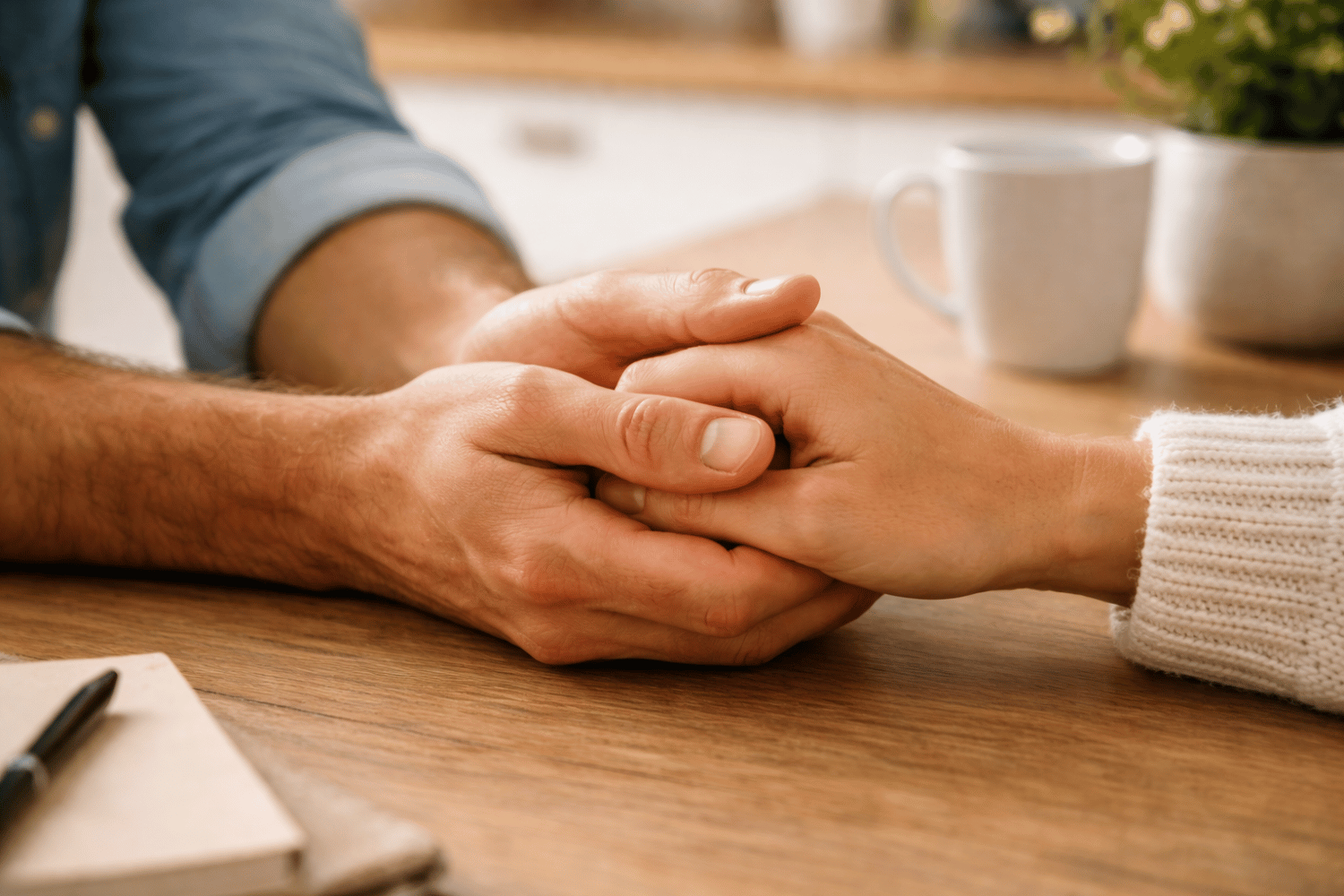 The image shows two hands gently holding each other, symbolizing support and connection, which are essential elements in a healthy relationship. The image shows two hands gently holding each other, symbolizing support and connection, which are essential elements in a healthy relationship.