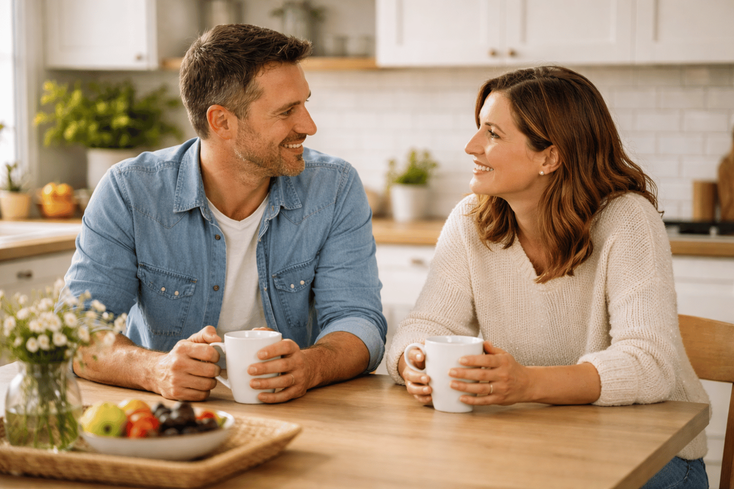 The image shows two people engaged in a calm conversation at a kitchen table, with cups of coffee between them, symbolizing a healthy relationship built on mutual respect and open communication. The image shows two people engaged in a calm conversation at a kitchen table with cups of coffee between them symbolizing a healthy relationship built on mutual respect and open communication