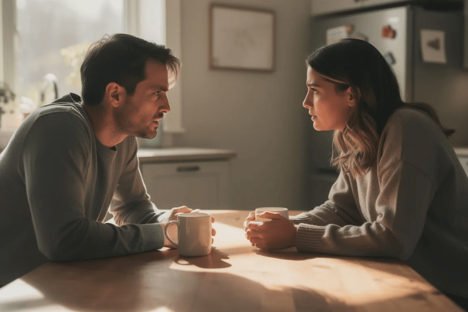 A couple sits at a kitchen table engaged in a serious conversation, each holding a coffee mug, reflecting the added stress that can arise during the holiday season. Their discussion hints at navigating family dynamics and managing expectations, which are common challenges that can create tension in even the strongest relationships. A couple sits at a kitchen table engaged in a serious conversation, each holding a coffee mug, reflecting the added stress that can arise during the holiday season. Their discussion hints at navigating family dynamics and managing expectations, which are common challenges that can create tension in even the strongest relationships.