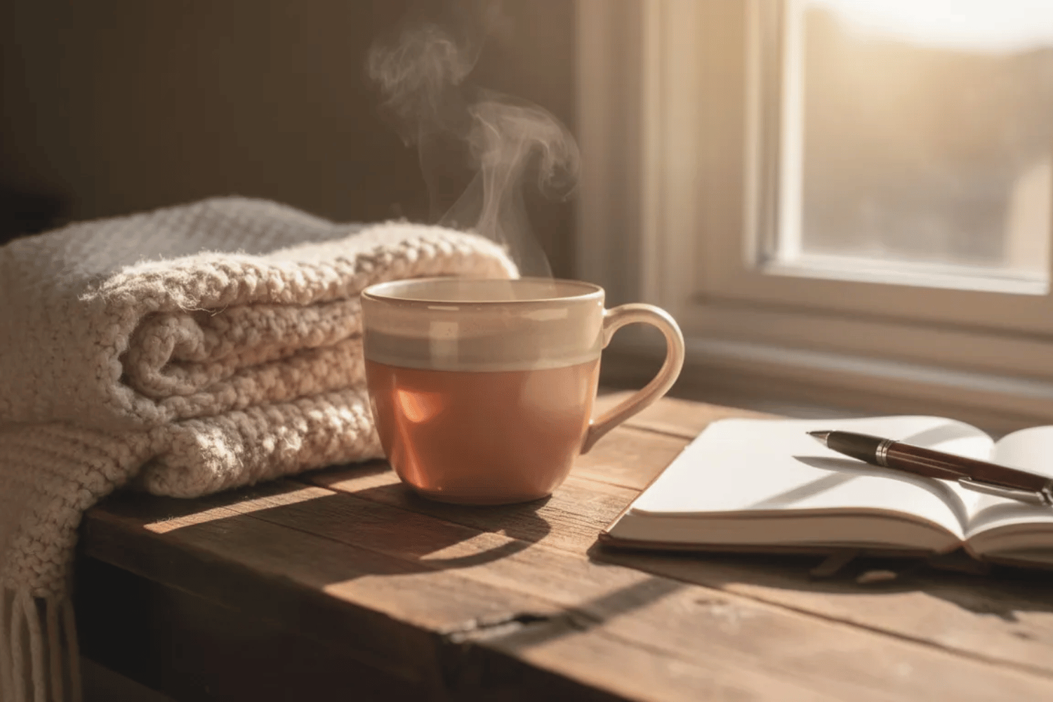 A Cozy Scene Featuring A Warm Mug Of Tea, A Soft Blanket, And An Open Journal Rests On A Wooden Table Beside A Sunny Window, Inviting Relaxation Amid The Stressful Time Of Tax Season. This Comforting Setup Encourages Mindfulness And Self-Care, Helping To Alleviate Financial Anxiety As The Tax Filing Deadline Approaches.