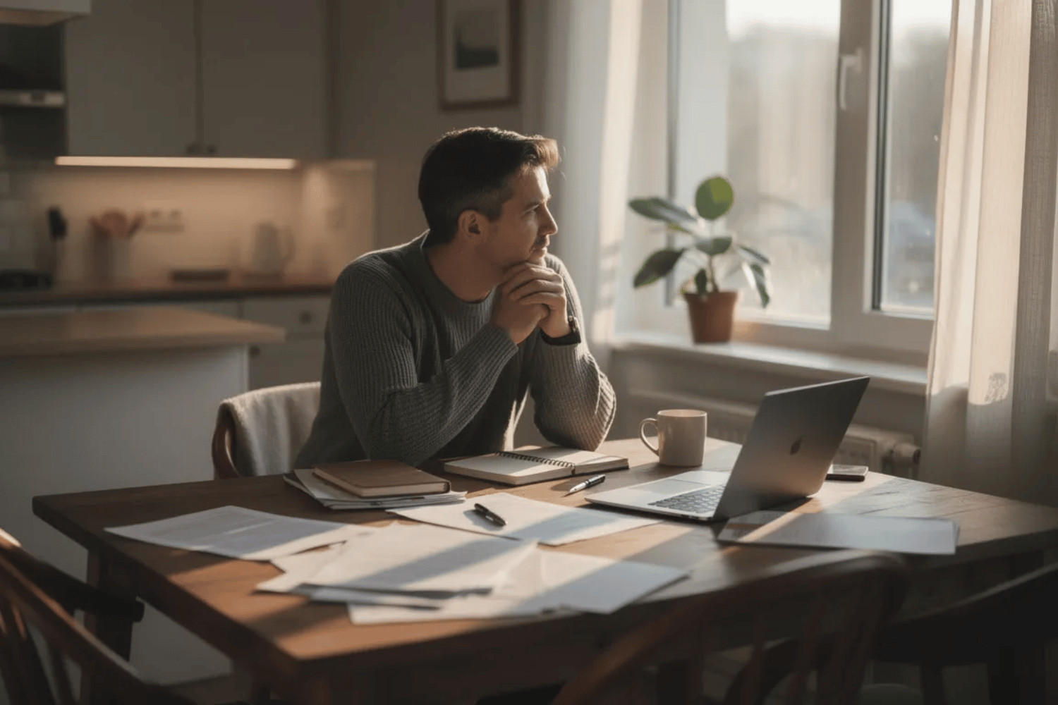 A Person Sits At A Kitchen Table Cluttered With Tax Forms And Papers, Gazing Thoughtfully Out A Window As Soft Morning Light Filters In, Reflecting The Stress And Anxiety Often Associated With Tax Season. This Scene Captures The Emotional Toll Of Managing Financial Worries And The Importance Of Seeking Support During This Busy Period.