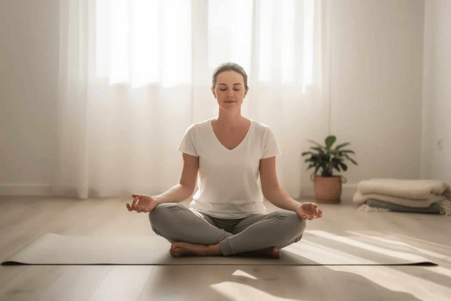 A Person Sits Cross-Legged On A Yoga Mat In A Bright, Serene Room, With Hands Resting On Their Knees In A Relaxed Pose, Practicing Mindfulness To Manage Stress And Anxiety, Particularly During The Busy Tax Season. This Scene Embodies A Calm Approach To Financial Worries And Emphasizes The Importance Of Self-Care And Stress Reduction Techniques For Mental Health.