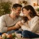 Post Holiday Relationship Strain How to Reconnect 3 Couple sitting side by side in a peaceful home setting, making eye contact and holding hands, symbolizing healthy communication and reconnection after relationship stress.