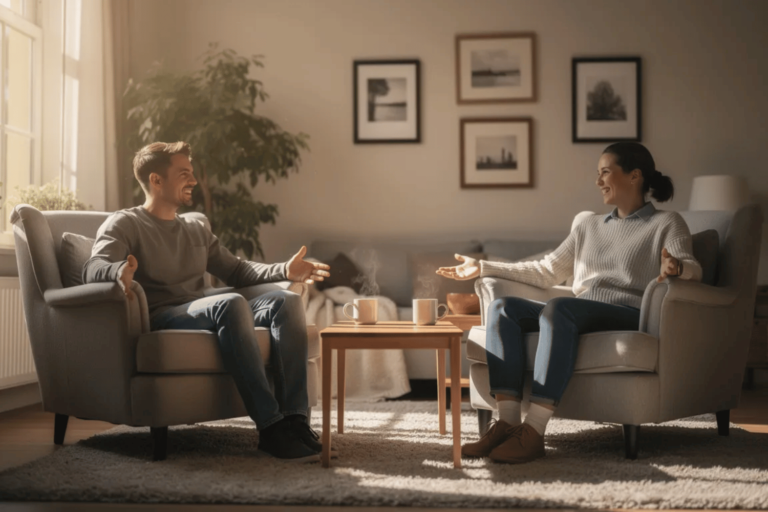 Two Individuals Are Sitting Comfortably In Chairs, Engaged In A Warm Conversation As Natural Light Filters Through A Nearby Window. This Scene Captures The Essence Of Seeking Support And Managing Stress During The Tax Season, Highlighting The Importance Of Emotional Well-Being Amidst Financial Worries.