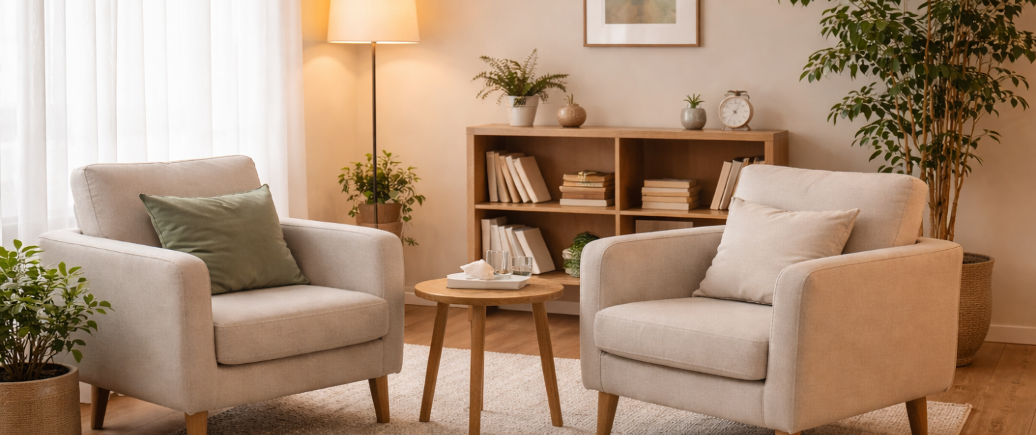 The image depicts a calm and welcoming therapy office, featuring comfortable armchairs and soft lighting, creating a soothing environment for mental health treatment. This space is designed to help individuals feel at ease as they address their mental health challenges and engage in talk therapy with licensed professionals.