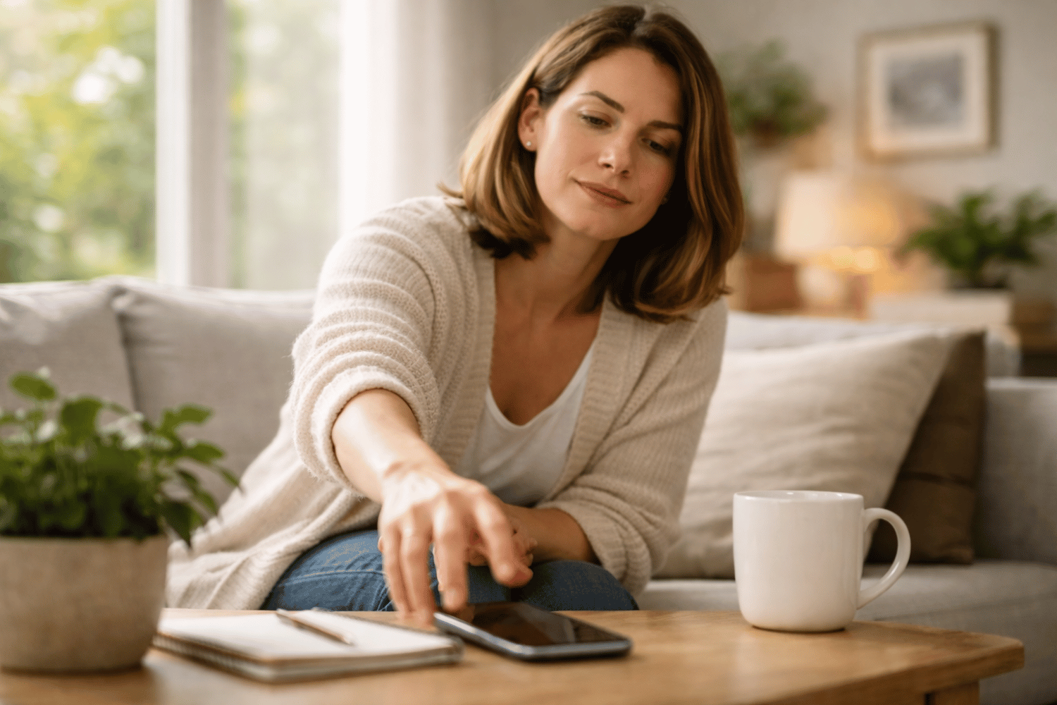 The image depicts a person with a calm and determined expression, reaching for their phone, symbolizing the importance of seeking therapy to manage mental health challenges and improve emotional health. This moment reflects a proactive approach to personal growth and the desire to connect with a mental health professional for support.