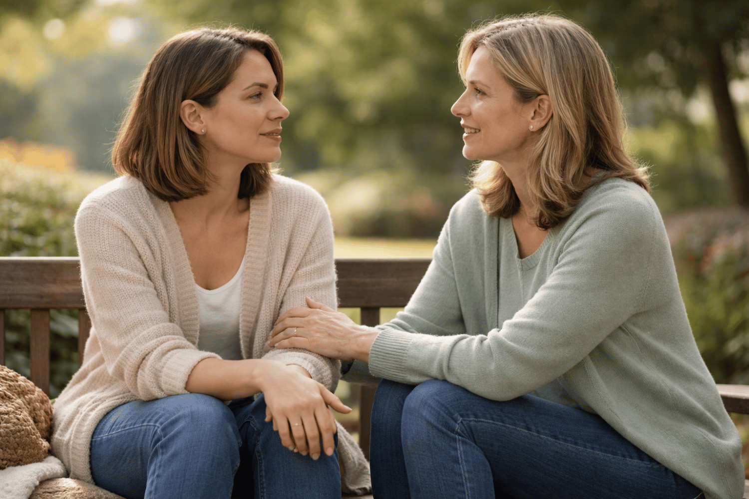 The image depicts two individuals sitting together outdoors, engaged in a calm and supportive conversation, reflecting the importance of open communication in managing mental health challenges. This scene highlights the benefits of discussing mental health related topics and seeking therapy for personal growth and emotional well-being.