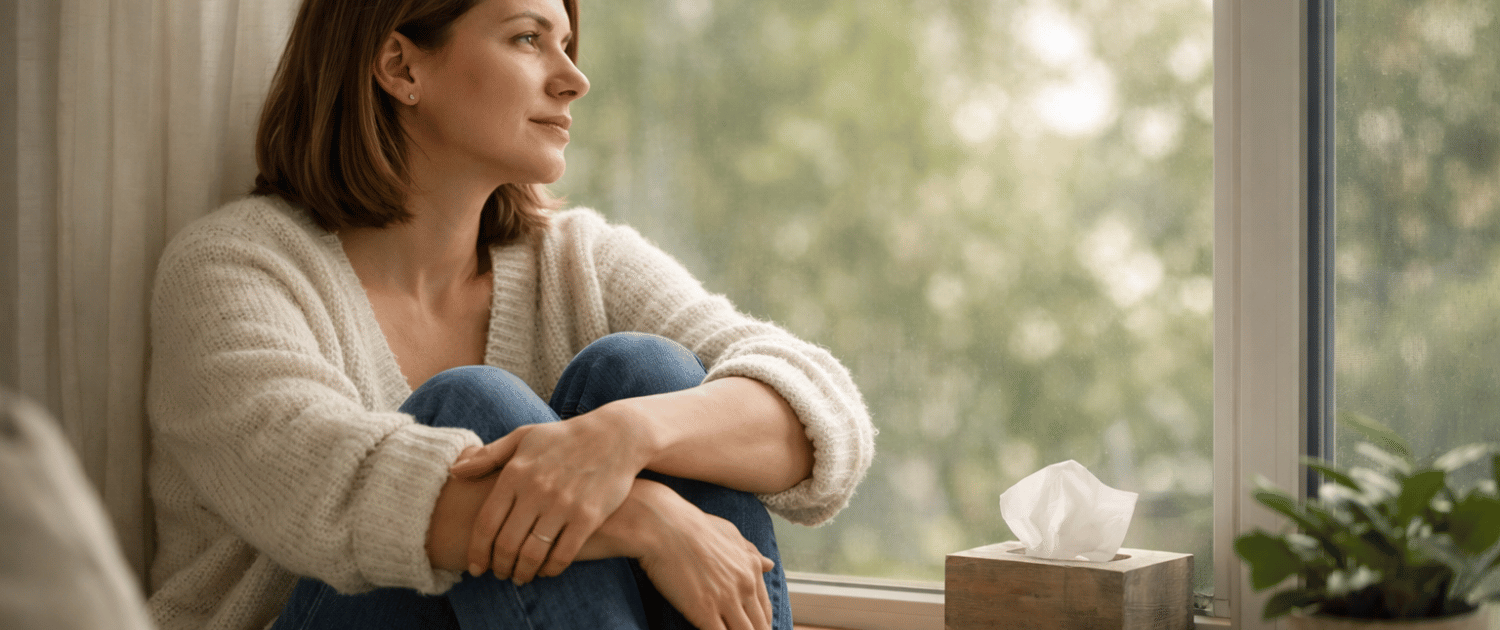 The image shows a person sitting by a window, bathed in soft natural light, with a contemplative expression that suggests they are reflecting on their emotional health and personal growth. This serene moment highlights the importance of seeking therapy to address mental health challenges and improve coping strategies for daily life.
