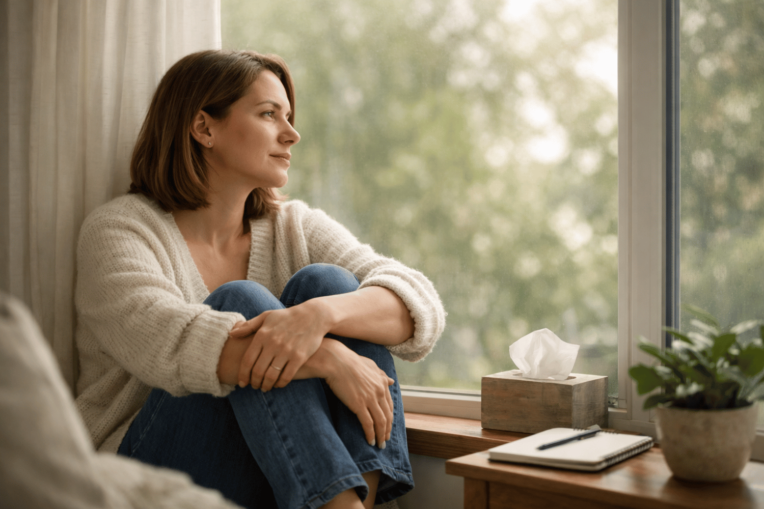 The image shows a person sitting by a window, bathed in soft natural light, with a contemplative expression that suggests they are reflecting on their emotional health and personal growth. This serene moment highlights the importance of seeking therapy to address mental health challenges and improve coping strategies for daily life.