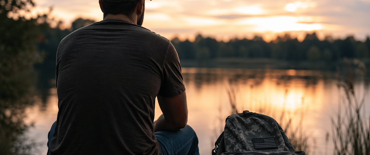 Military veteran sitting by a lake at sunset, representing mental health challenges during transition to civilian life