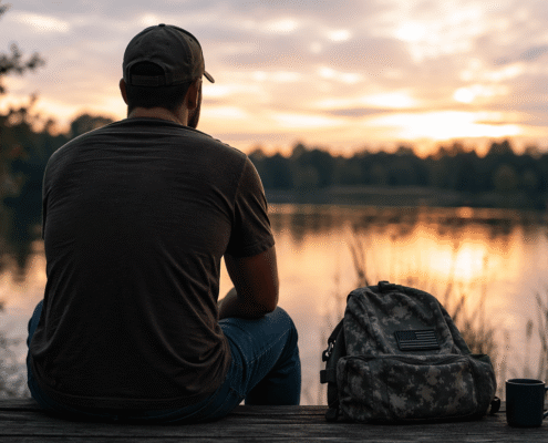Military veteran sitting by a lake at sunset, representing mental health challenges during transition to civilian life