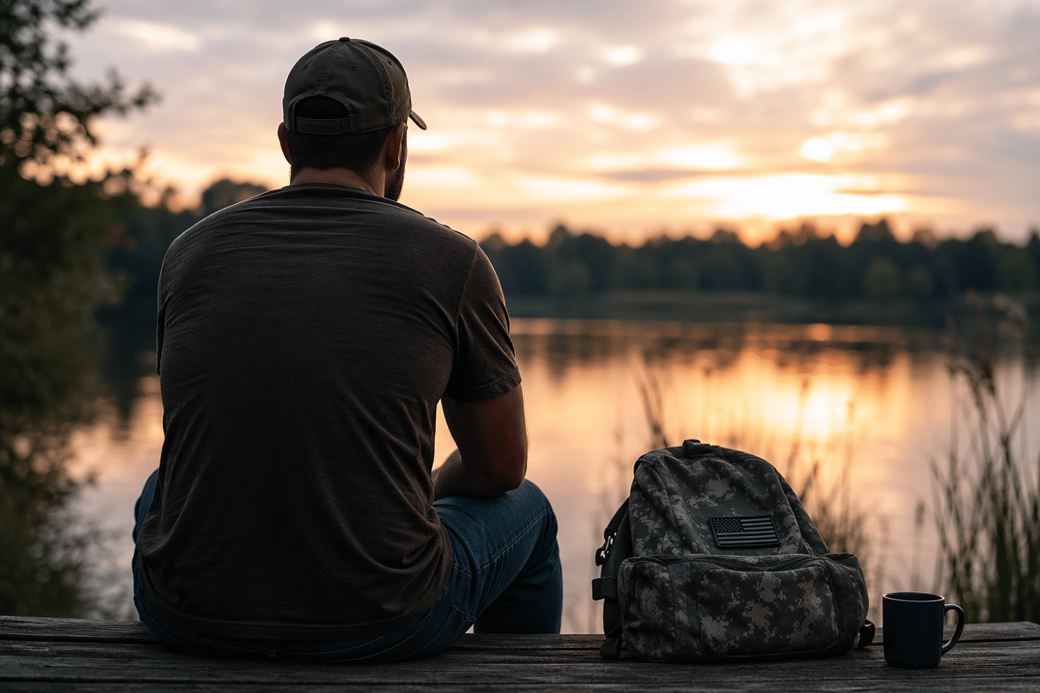 Military veteran sitting by a lake at sunset, representing mental health challenges during transition to civilian life